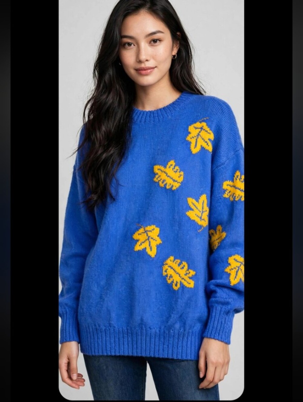 Most Beautiful Brand New Blue Sweater with Yellow Leaf Pattern Handmade Size M/L